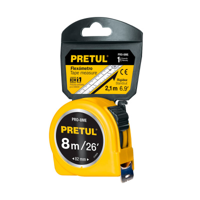 Flexómetro amarillo 8 m cinta 25 mm, en tarjeta, PRETUL